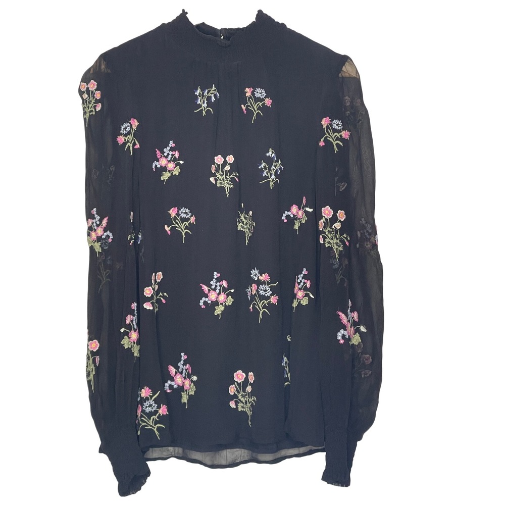 Sundance Womens Black Floral Embroidered Smocked Mock Neck Modal Blouse Small